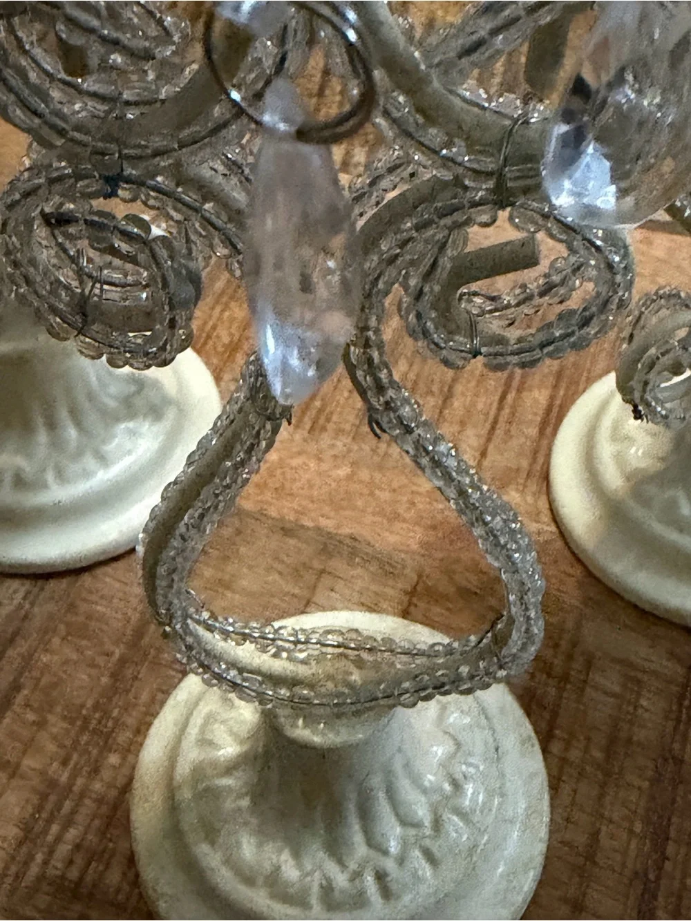 3 Shabby Chic White Metal Beaded Votive Candle Holders Cut Glass Faux Crystal